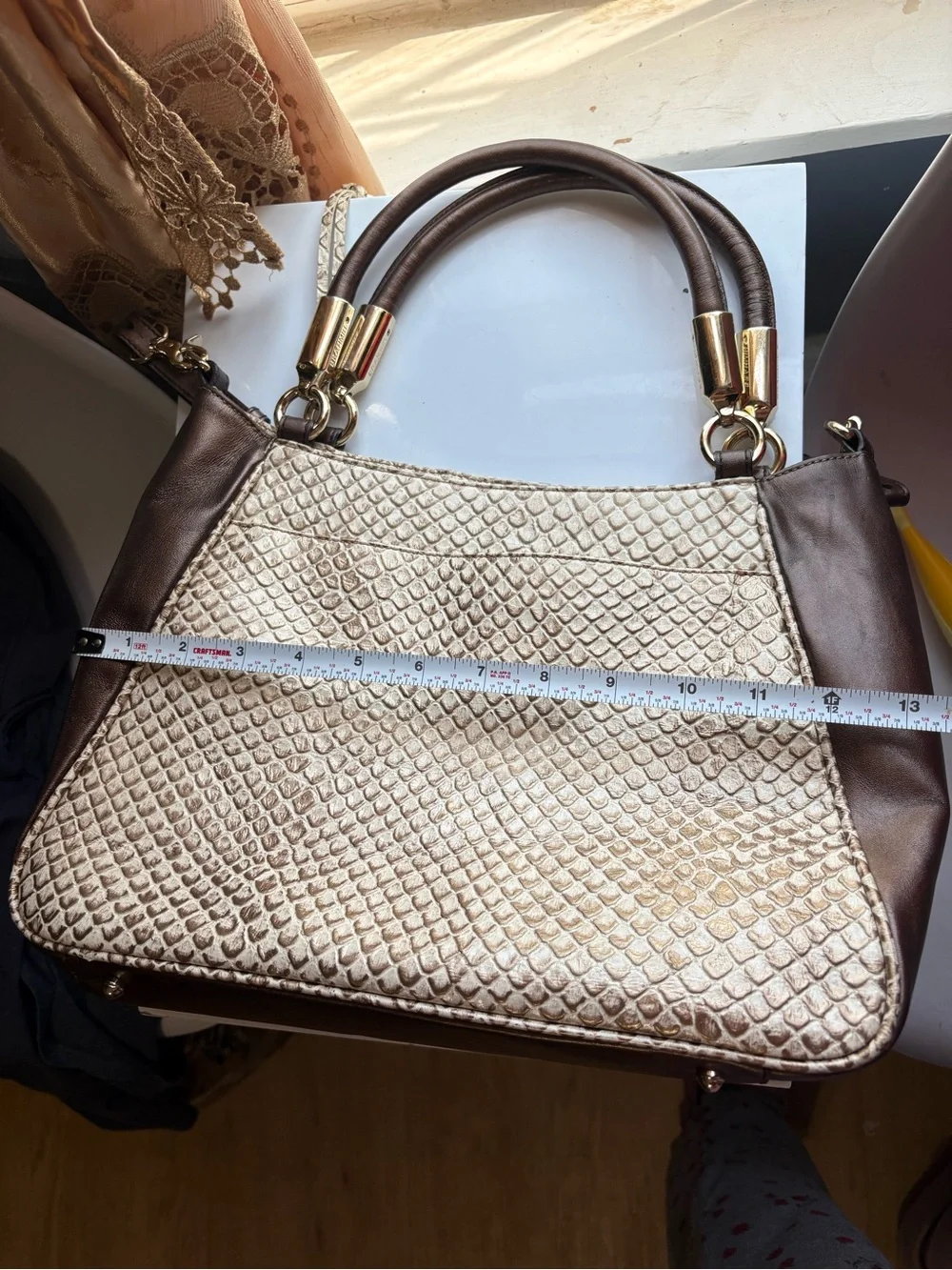 Brahmin Beige Brown Embossed Animal Print Shoulder Bag Zip Gold Dust Bag